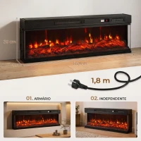 HOMCOM Lareira Elétrica de Encastrar ou Independente 750/1500W, 3 Lados, 12 Cores de Chama 3D, Termóstato, Telecomando, Preta(m-3)