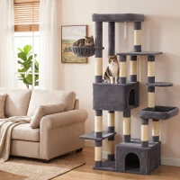 PawHut Tiragraffi per Gatti Grande Alto 180 cm Multilivello, 13 Pali Graffiatoi, 2 Grotte, Amaca, 2 Cucce, Grigio Scuro(m-9)