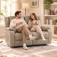 HOMCOM Sillón 2 Plazas Relax Reclinable Manual Ajuste Separado hasta 155º Sillón Relax de PU Reposapiés y Asiento Amplio Caqui(m-9)