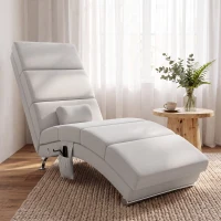 HOMCOM Fauteuil relax salon fauteuil de massage et chauffage meridienne avec télécommande et oreiller, tissu effet lin, crème(m-9)