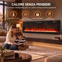 HOMCOM 173 cm Camino Elettrico da Incasso/Parete/Terra Ultrasottile 8.3 cm con Telecomando, 900/1800W, Timer, 35㎡ Nero(m-8)