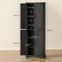 HOMCOM Credenza Cucina Alta Rustica, Mobile Dispensa con 4 Ante, Ripiani Regolabili, 60.2x30.3x182 cm, Nero(m-3)