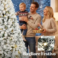 HOMCOM Albero di Natale Innevato 200cm con Luci LED 240 Bianco Caldo, 850 Rami, Base Pieghevole, Bianco e Verde(m-5)