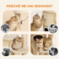 PawHut Tiragraffi per Gatti 90cm Multilivello con 4 Pali Graffiatoi in Sisal, 2 Grotte, Cuccia, Pompon, Tappetino, Beige(m-8)