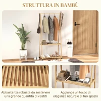 HOMCOM Appendiabiti in Bambù con Ripiano per Scarpe, 2 Ganci, Appendiabiti Mobile per Ingresso, Soggiorno, Naturale(m-6)