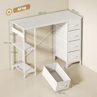 HOMCOM Birou cu 4 sertare textile, structură metalică, raft deschis, alb(m-3)
