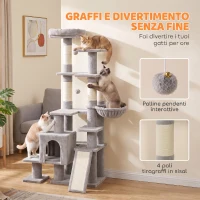 PawHut Albero Tiragraffi Multilivello 152 cm con 4 Pali per Gatti da Interno, Amaca, Cuccia e Scala, Grigio Chiaro(m-9)
