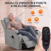 HOMCOM Fotoliu Electric cu Ridicare Asistată, Reclinabil, Încălzit, cu Masaj, Aspect In, 2 Telecomenzi, Gri Deschis(m-5)