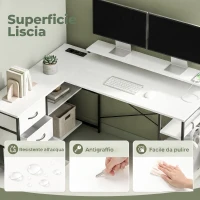 HOMCOM Scrivania Angolare con Prese, 4 Cassetti in Tessuto, Rialzo Monitor e 2 Ganci, 155x112x85.5-91.5 cm, Bianco Nero(m-8)