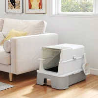 PawHut 3 in 1 Lettiera Gatto Chiusa 68L con Coperchio, Vassoio Estraibile in Acciaio Inox, Paletta, Grigio(m-14)
