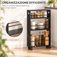 HOMCOM Carrello portaoggetti slim a 3 ripiani con ruote e barre laterali, salvaspazio per cucina e bagno, 4 ruote, nero(m-4)