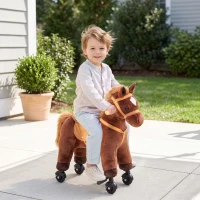 AIYAPLAY Schaukelpferd, Plüsch-Reitpferd mit Huf- und Wiehergeräuschen, Rollen/Pedale, 3–8 Jahre, bis 50 kg, Dunkelbraun(m-10)