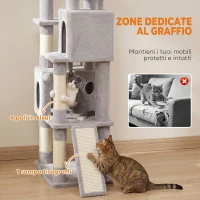 PawHut Albero Tiragraffi per Gatti Alto 200 cm con 6 Pali Graffiatoi in Sisal, 2 Cucce, 3 Casette, Amaca, Grigio Chiaro(m-6)