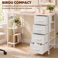 HOMCOM Birou cu 4 sertare textile, structură metalică, raft deschis, alb(m-6)
