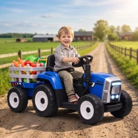 HOMCOM Trattore Elettrico per Bambini con Rimorchio Rimovibile, Telecomando, Porta USB, Musica e Luci, Età 3-6 Anni, Blu(m-2)
