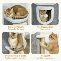 PawHut Tiragraffi per Gatti Multilivello con Palo Graffiato in Sisal, 3 Grotte, Cuccia, 3 Pompon, Piattaforme, Grigio(m-5)