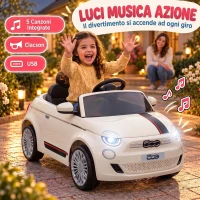 AIYAPLAY Macchina Elettrica per Bambini 12V Fiat 500, Batteria al Litio, 2 Motori, Telecomando, 3-6 Anni, Crema(m-8)