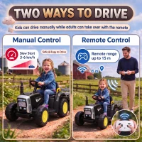 HOMCOM 12V Kids Ride on Tractor with Detachable Trailer, Remote, Soft Start, Seat Belt, Music, USB, Horn, Lights for 3-6, Black(m-7)