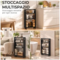 HOMCOM Carrello portaoggetti slim a 3 ripiani con ruote e barre laterali, salvaspazio per cucina e bagno, 4 ruote, nero(m-6)