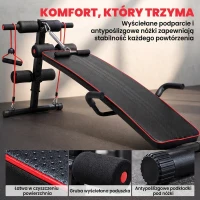 HOMCOM® ŁAWKA SIT UP DO ĆWICZEŃ MIĘŚNI BRZUCHA TAŚMA OPOROWA TRENINGOWA stal + PCV czarny + czerwony 56,5 x 135 x (50–68) cm(m-7)