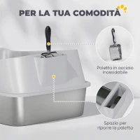 PawHut Lettiera per Gatti XXL in Acciaio Inox con Paletta, Lati Alti, Antiperdita, Antiodore, Fino a 12 kg, Grigio(m-8)