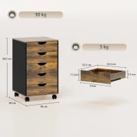 HOMCOM Cassettiera da Ufficio e Soggiorno a 5 Cassetti con Ruote Girevoli e Freni, in Legno, 40x40x68.5 cm, Marrone(m-3)