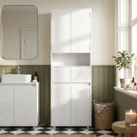 HOMCOM Mobile Bagno Alto Slim 170cm, Mobiletto Bagno Salvaspazio con 2 Armadietti con Ante, 60x30x170 cm, Bianco Lucido(m-14)