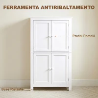 HOMCOM Mobile Bagno con 4 Ante e Ripiani Regolabili, per Lavanderia Salotto Soggiorno Cucina, 60x30x110 cm, Bianco(m-8)