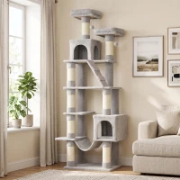 PawHut Tiragraffi per Gatti Grande Alto 204cm Multilivello, 8 Pali Graffiatoi in Sisal, 2 Grotte, Amaca, Grigio Chiaro(m-13)