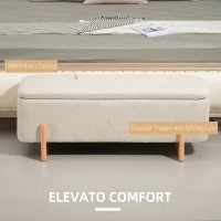 HOMCOM Cassapanca Contenitore 111x44x44.5cm, Seduta Imbottita, in Tessuto Effetto Lino, Gambe in Legno, 150kg, Crema(m-5)