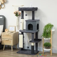 PawHut Albero per Gatti Multilivello Alto 132 cm con Casetta, Lettino, Pali Tiragraffi, Spazzola e Pallina, Grigio Scuro(m-10)