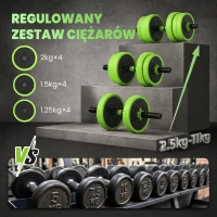 SPORTNOW Zestaw Hantli 4w1 20 kg - regulowana krótka sztanga & sztanga Kettlebell z uchwytami do pompek Zielony(m-5)