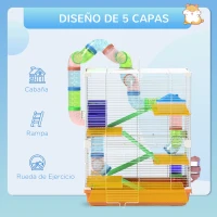 PawHut Jaula de Hámster con Túnel Plataformas Cuenco Bebedero Casita Rampas y Rueda de Ejercicio 46x30x58 cm Naranja(m-6)