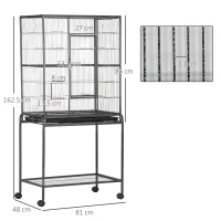 PawHut Large Bird Cage Budgie Cage with Stand, Storage Shelf, Wood Perch for Parrot, 81 x 48 x 162.5 cm, Black(m-3)