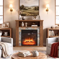 HOMCOM Camino Elettrico da Terra/Incasso per TV 36'' con Cornice e Ripiano, 1800W, Effetto Fiamma 3D, Ceppi, Marrone(m-10)