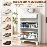 HOMCOM Scarpiera Salvaspazio Slim con 2 Ante a Ribalta Scarpiera Ingresso con Ripiani Regolabili, Cassetto Base Rialzata(m-4)