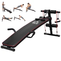 HOMCOM® ŁAWKA SIT UP DO ĆWICZEŃ MIĘŚNI BRZUCHA TAŚMA OPOROWA TRENINGOWA stal + PCV czarny + czerwony 56,5 x 135 x (50–68) cm(m-11)