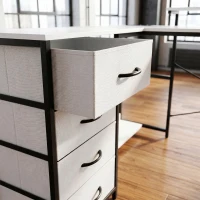 HOMCOM Scrivania Angolare con Prese, 4 Cassetti in Tessuto, Rialzo Monitor e 2 Ganci, 155x112x85.5-91.5 cm, Bianco Nero(m-11)