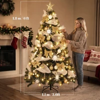 HOMCOM Albero di Natale 180cm con 200 Luci LED Bianco Caldo, 8 Modalità, 800 Rami Ignifughi, Palline, Nastri, Fiocchi(m-3)