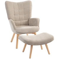 HOMCOM Fotel Relaksacyjny Zestaw z Podnóżkiem Skandynawski Design Drewno Bukowe Szary(m-12)
