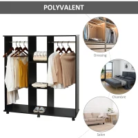 HOMCOM Armoire penderie Meuble de Rangement Mobile 6 roulettes 120L x 40l x 128H cm en bois Noir(m-5)
