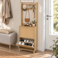 HOMCOM Perchero Zapatero con 2 Cajones Abatibles con Puertas de Ratán 8 Ganchos Estante Superior y Marco de Madera Natural(m-14)
