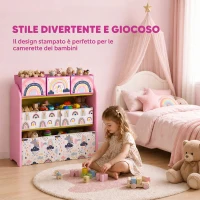 AIYAPLAY Scaffale Portagiochi Bambini a 3 Livelli con 6 Contenitori, Tema Ragazza Rosa, per Cameretta e Sala Giochi(m-5)