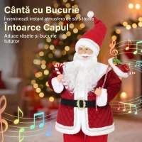 HOMCOM Moș Crăciun Muzical Animat, 120 cm, de Podea, cu Cap Rotativ, Roșu(m-4)
