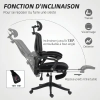 HOMCOM Chaise Bureau Ergonomique avec Appui-Tête Réglable, Fauteuil de Bureau Inclinable en Maille, Dossier Séparé, Noir(m-8)