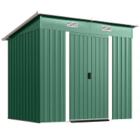 Outsunny 7 x 4ft Outdoor Storage Shed with Foundation Kit, Lean to Metal Garden Shed for Log, Rubbish Bin, Tool, Bike, Green(m-1)