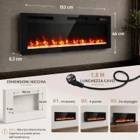 HOMCOM Camino Elettrico da Incasso, Parete e Terra Slim 153 cm con Telecomando, 900/1800W, Timer, 35㎡, Nero(m-3)