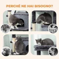 PawHut Albero per Gatti Multilivello Alto 132 cm con Casetta, Lettino, Pali Tiragraffi, Spazzola e Pallina, Grigio Scuro(m-7)