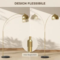 HOMCOM Lampada da Terra ad Arco Moderna 40W E27, Asta Regolabile in Altezza, Paralume in Metallo, Oro(m-5)