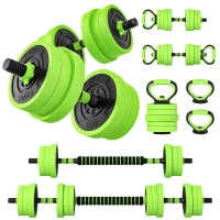 SPORTNOW Zestaw Hantli 4w1 20 kg - regulowana krótka sztanga & sztanga Kettlebell z uchwytami do pompek Zielony(m-12)